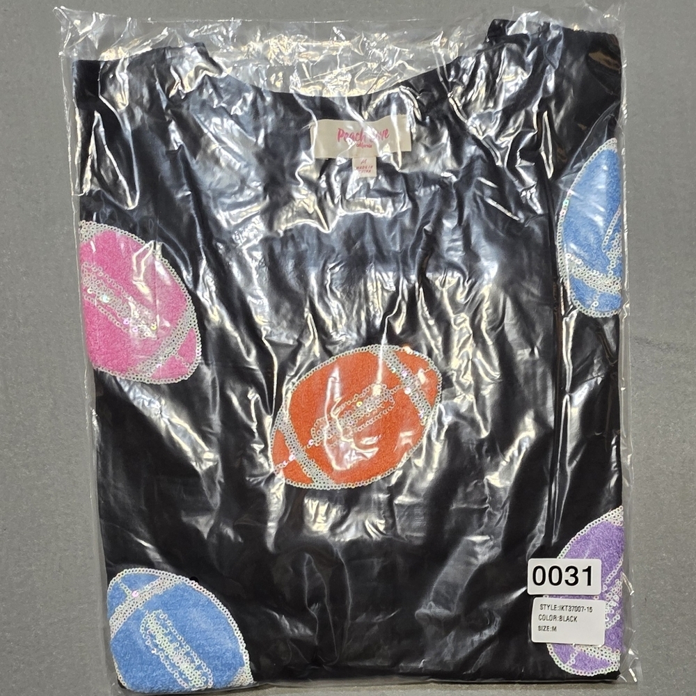 Peach Love Colorful Patch Football Oversized Women's Top New In Poly PTP 30 MED - Picture 7 of 7